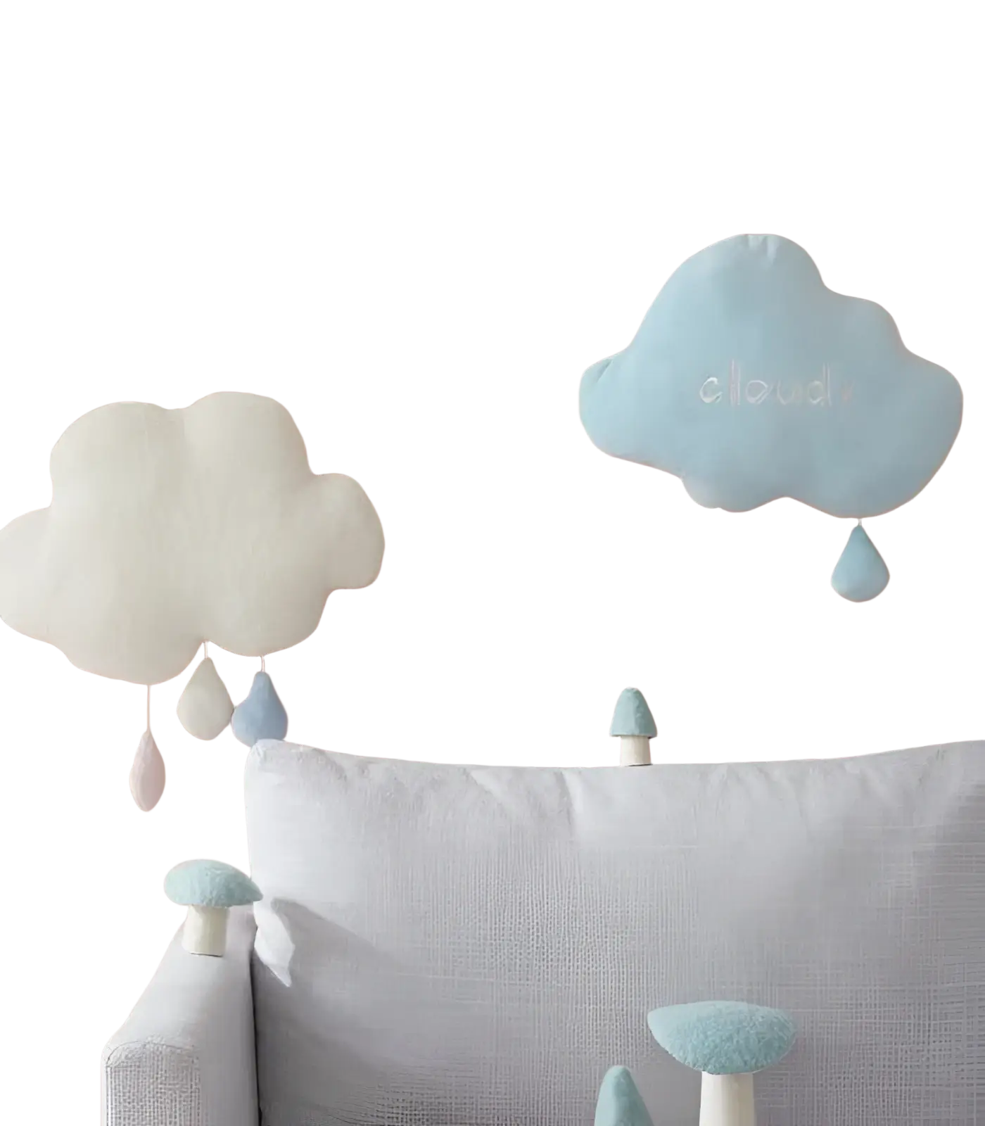 Soft pastel blue cloud-shaped plush wall hanging decor with embroidered word cloud and dangling raindrop accents