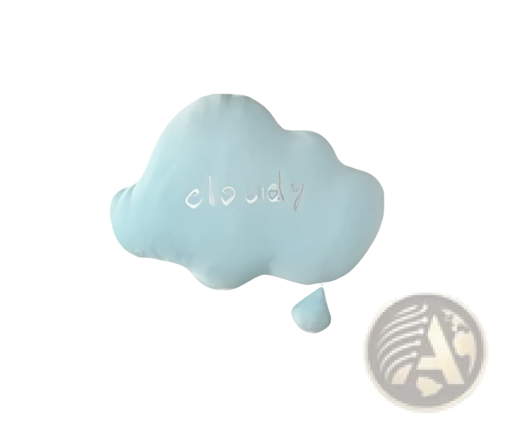 A soft light blue cloud-shaped plush pillow with silver cloudy embroidery and a droplet detail for wall decor