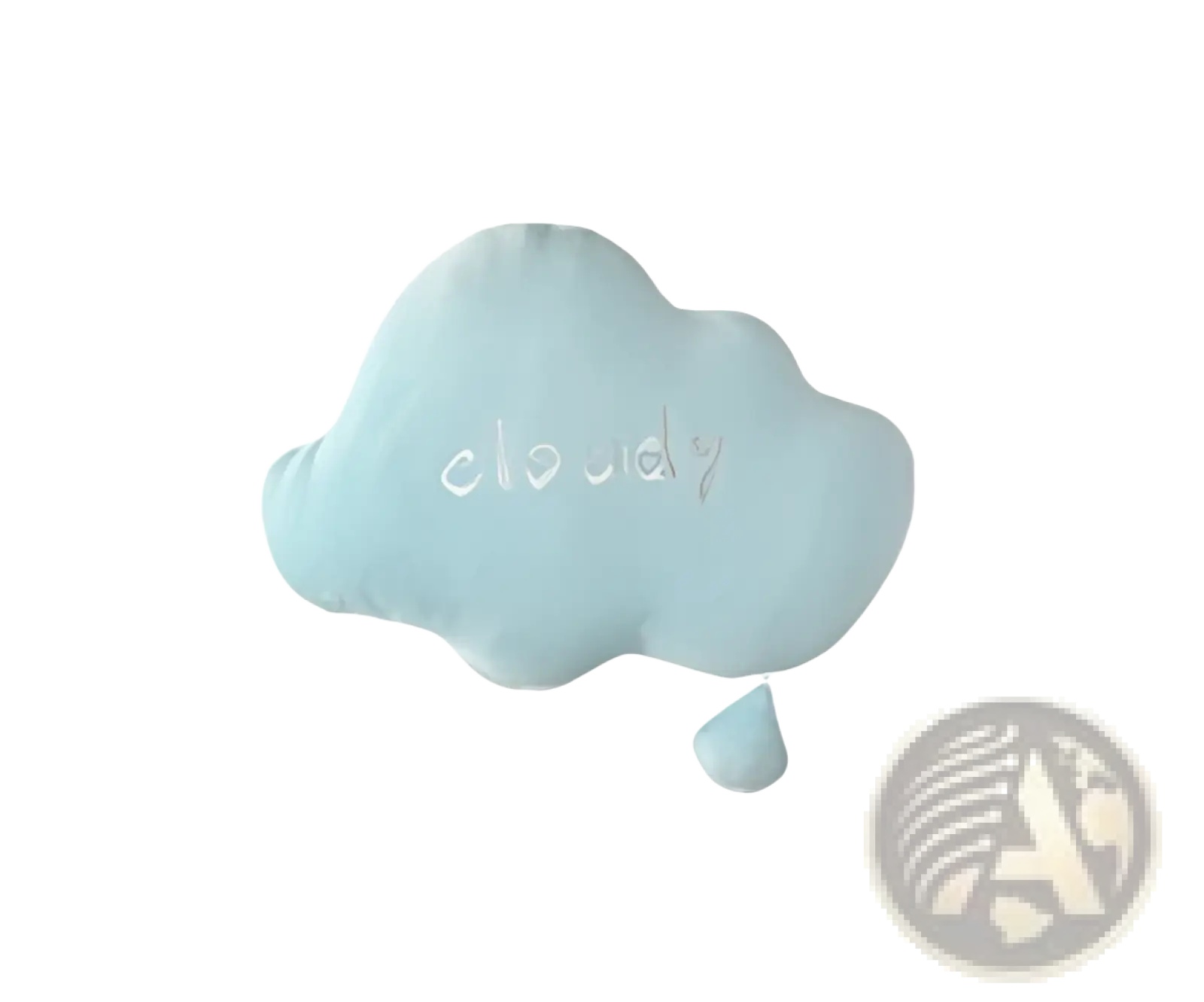 A soft light blue cloud-shaped plush pillow with silver cloudy embroidery and a droplet detail for wall decor