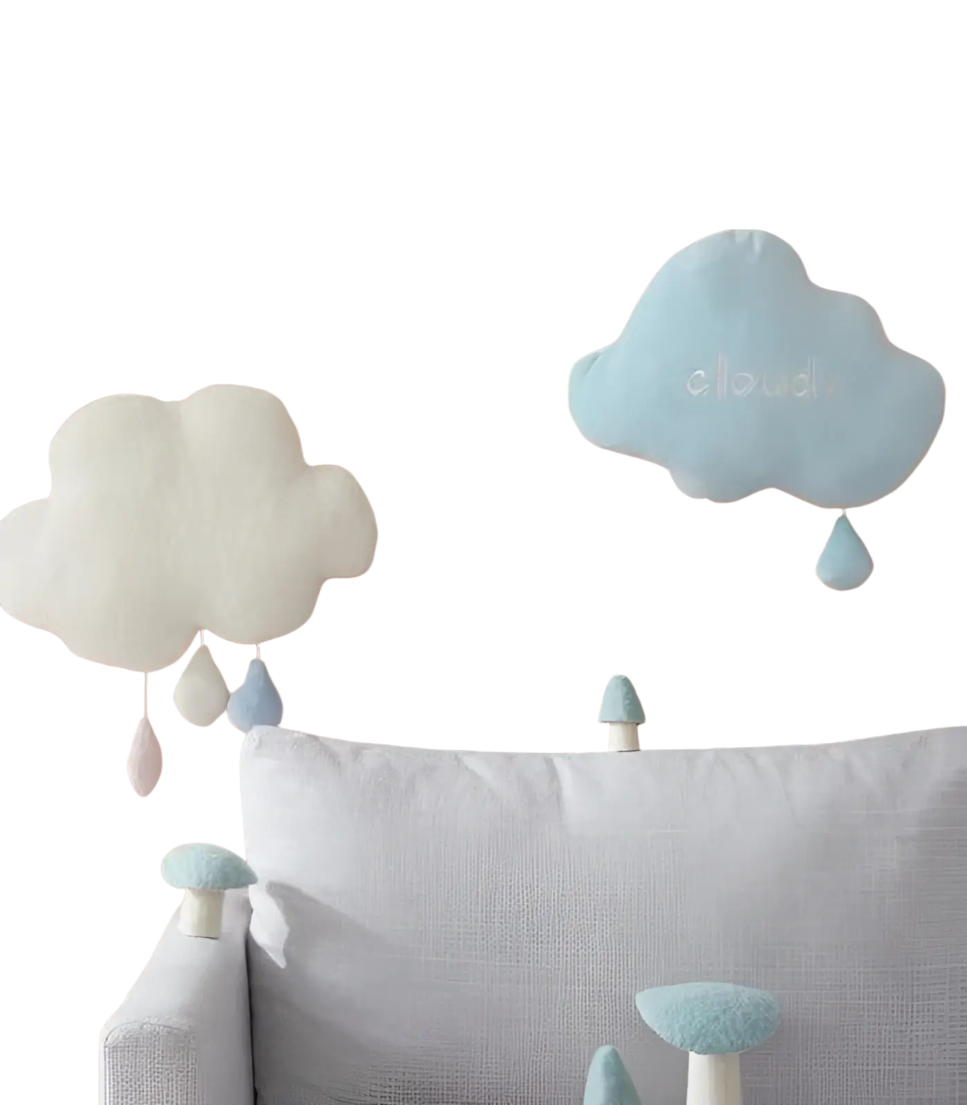 Soft pastel blue cloud-shaped plush wall cushion with embroidered cloud text and raindrop accents for wall decor