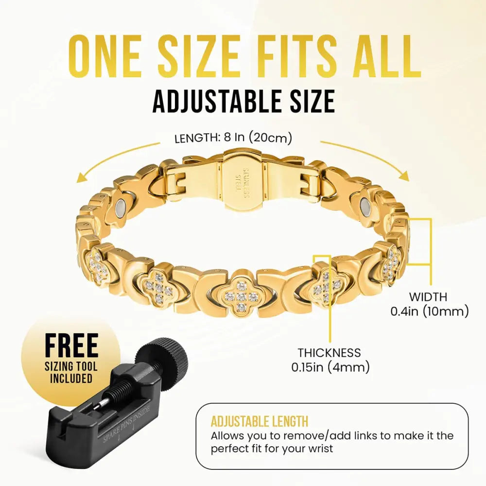 Gold crystal clover magnetic bracelet for women with gold-toned links, clear crystals, and an adjustable clasp mechanism