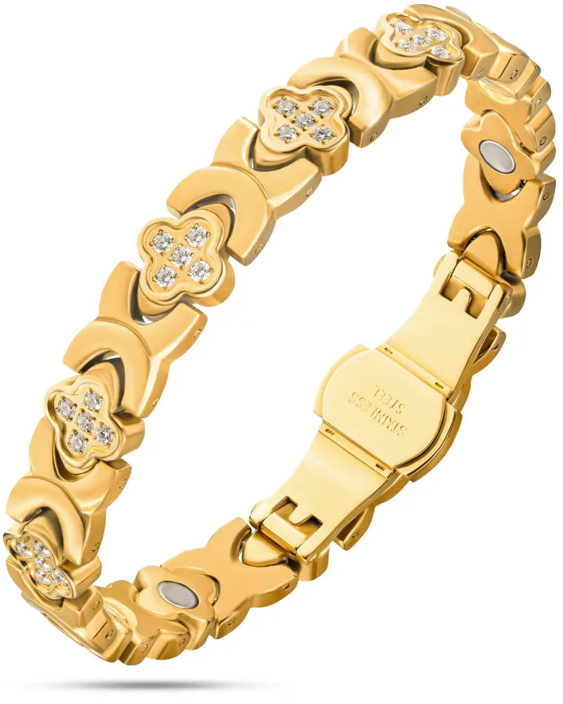 Gold crystal clover magnetic bracelet for women with gold-colored clover links and clear crystal accents