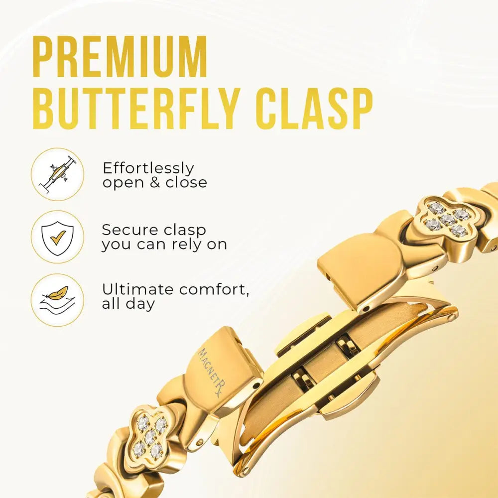 Gold crystal clover magnetic bracelet for women with a gold-toned butterfly clasp and clear crystals engraved magnetrx