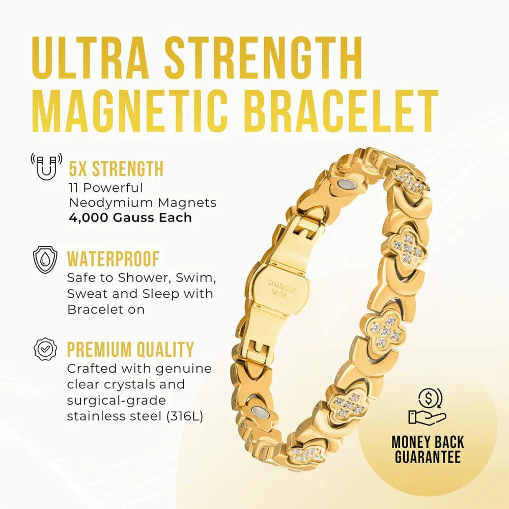 Gold crystal clover magnetic bracelet for women with gold-colored links and john hill engraved clasp