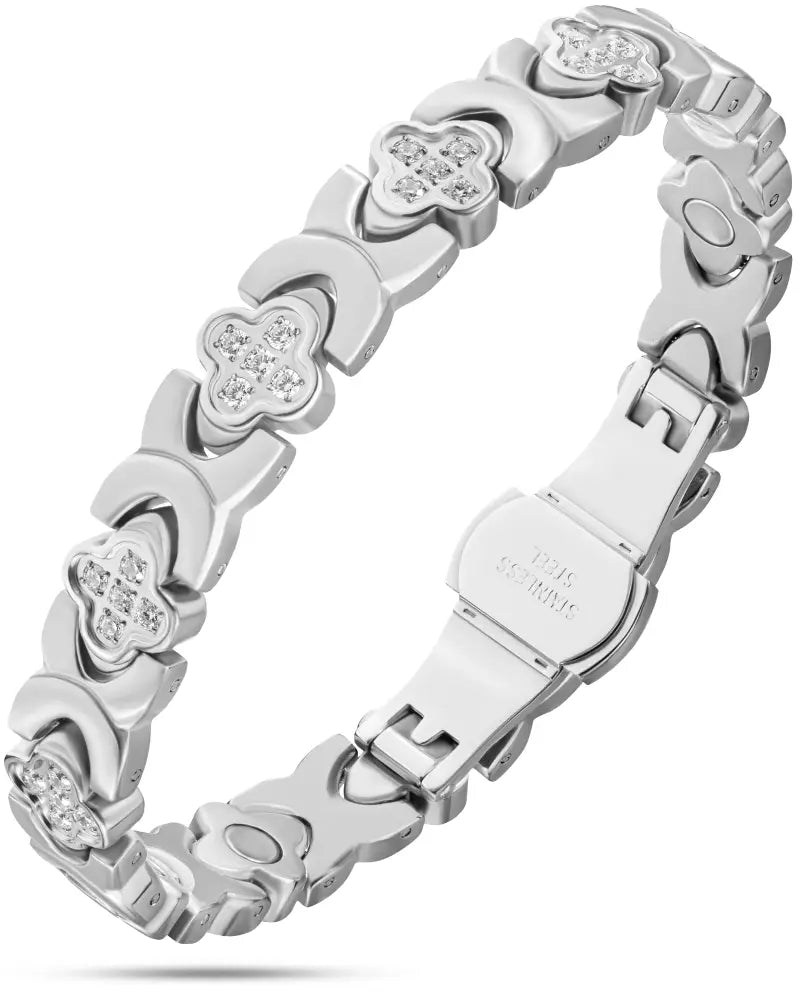 Silver clover crystal magnetic bracelet with neodymium magnets featuring clear crystals and a secure clasp mechanism
