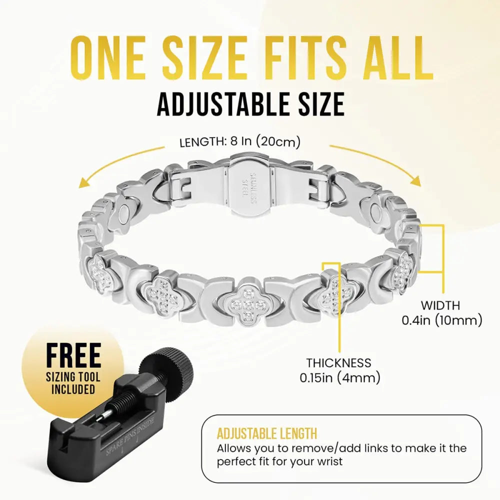 Silver clover crystal magnetic bracelet with silver-toned adjustable links and included sizing tool with clasp mechanism