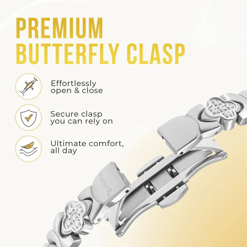 Silver butterfly clasp with embedded diamonds on the silver clover crystal magnetic bracelet with neodymium magnets