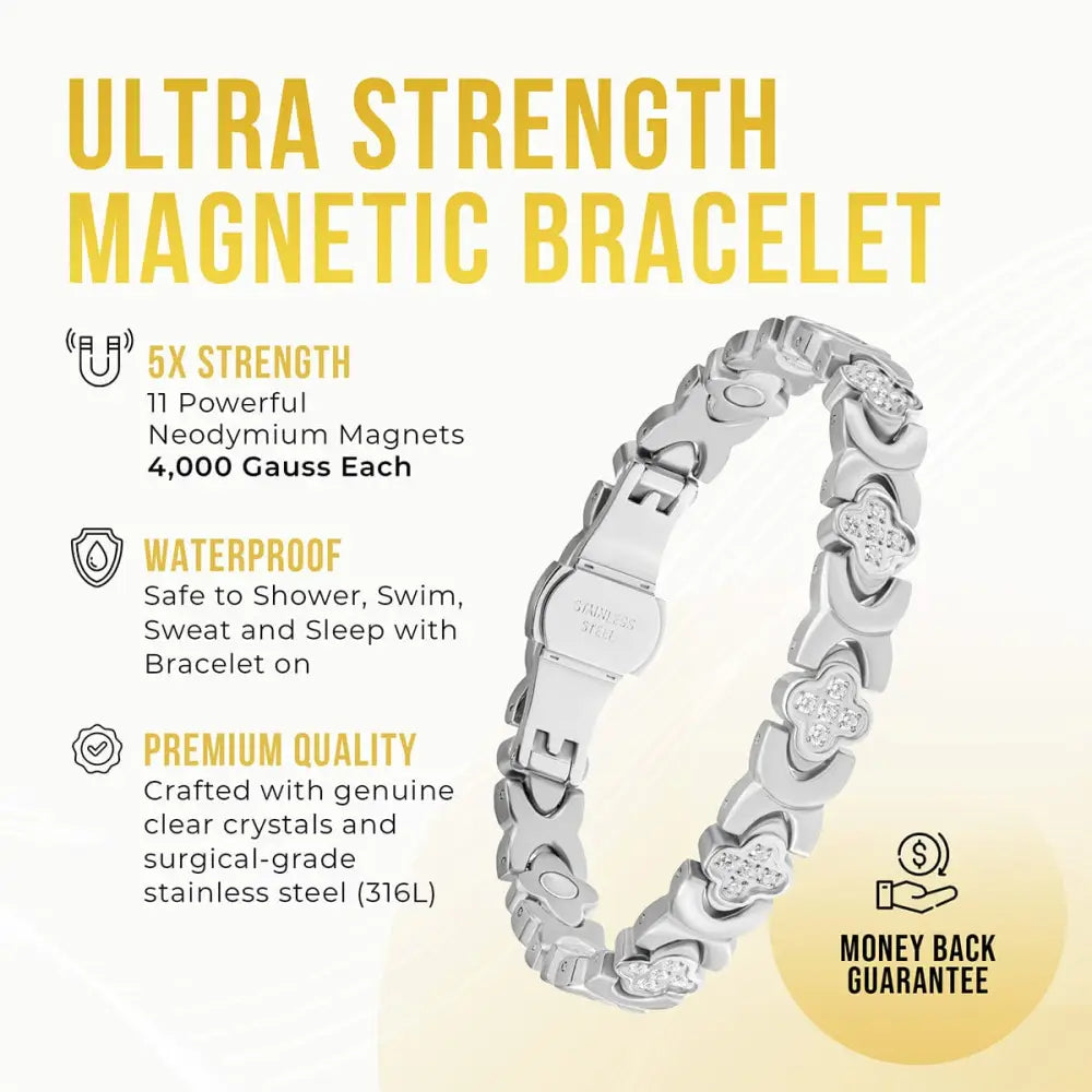 Silver clover crystal magnetic bracelet with interlocking clover-shaped links and clear crystals featuring neodymium magnets