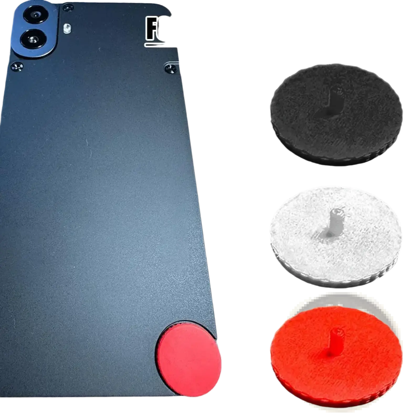 Black matte-finish back panel of cmf phone 1 with dual-camera module and red replacement screw cap custom accent