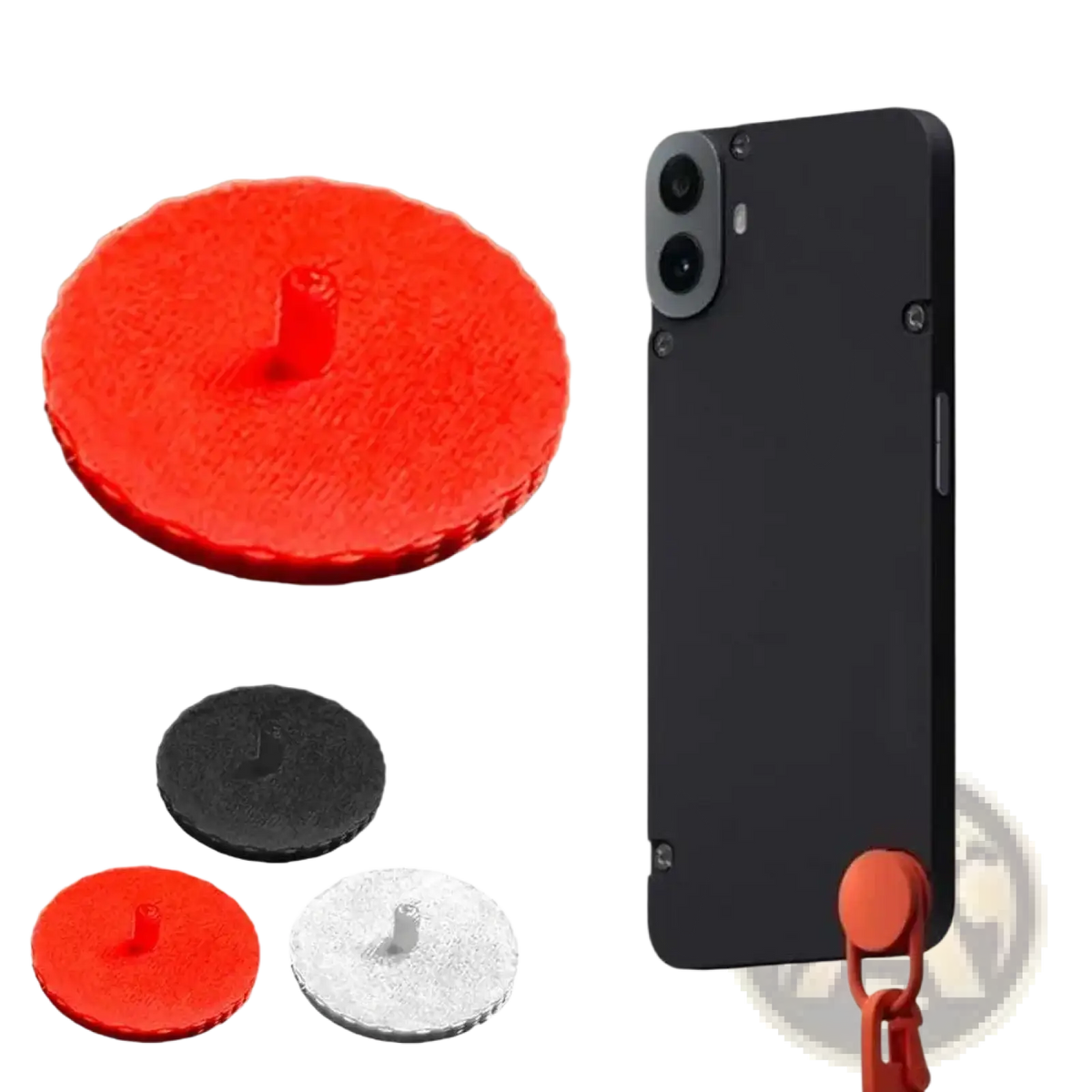 Red circular cmf phone 1 replacement screw cap shown with black phone and alternative color options for custom accent