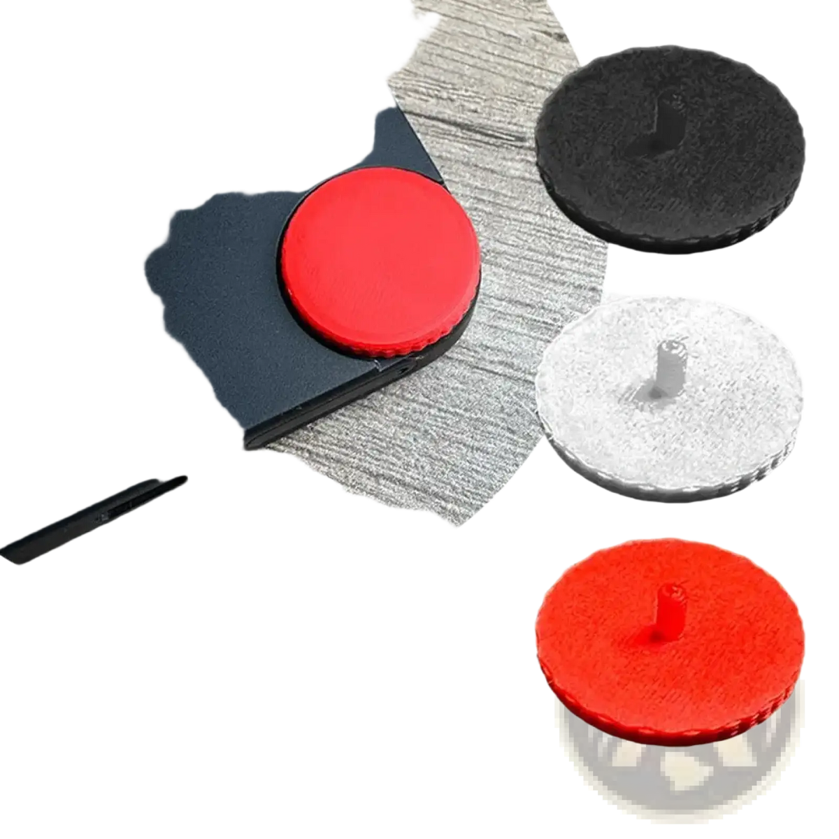 Red circular cmf phone 1 replacement screw cap with central protrusion shown with black and silver custom accent variants