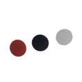 Three circular screw covers in red black and white for the cmf phone 2 pro a001 arranged horizontally on a plain background