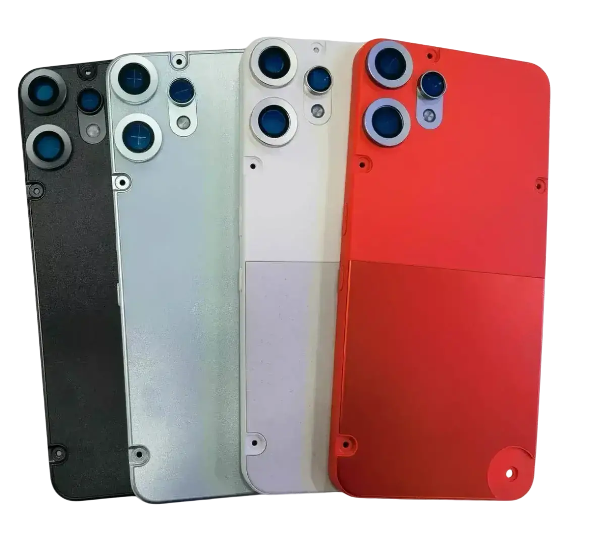 Four cmf phone 2 pro rear case housings in black silver white and red featuring triple-camera rear case module