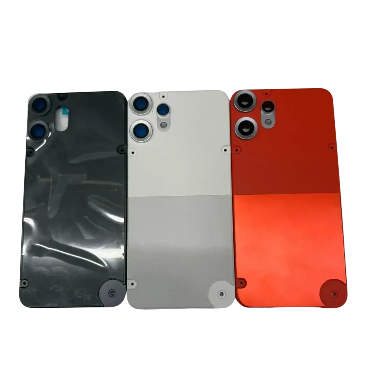 Three cmf phone 2 pro rear case housing covers in black white and red with glossy finish showing the back side