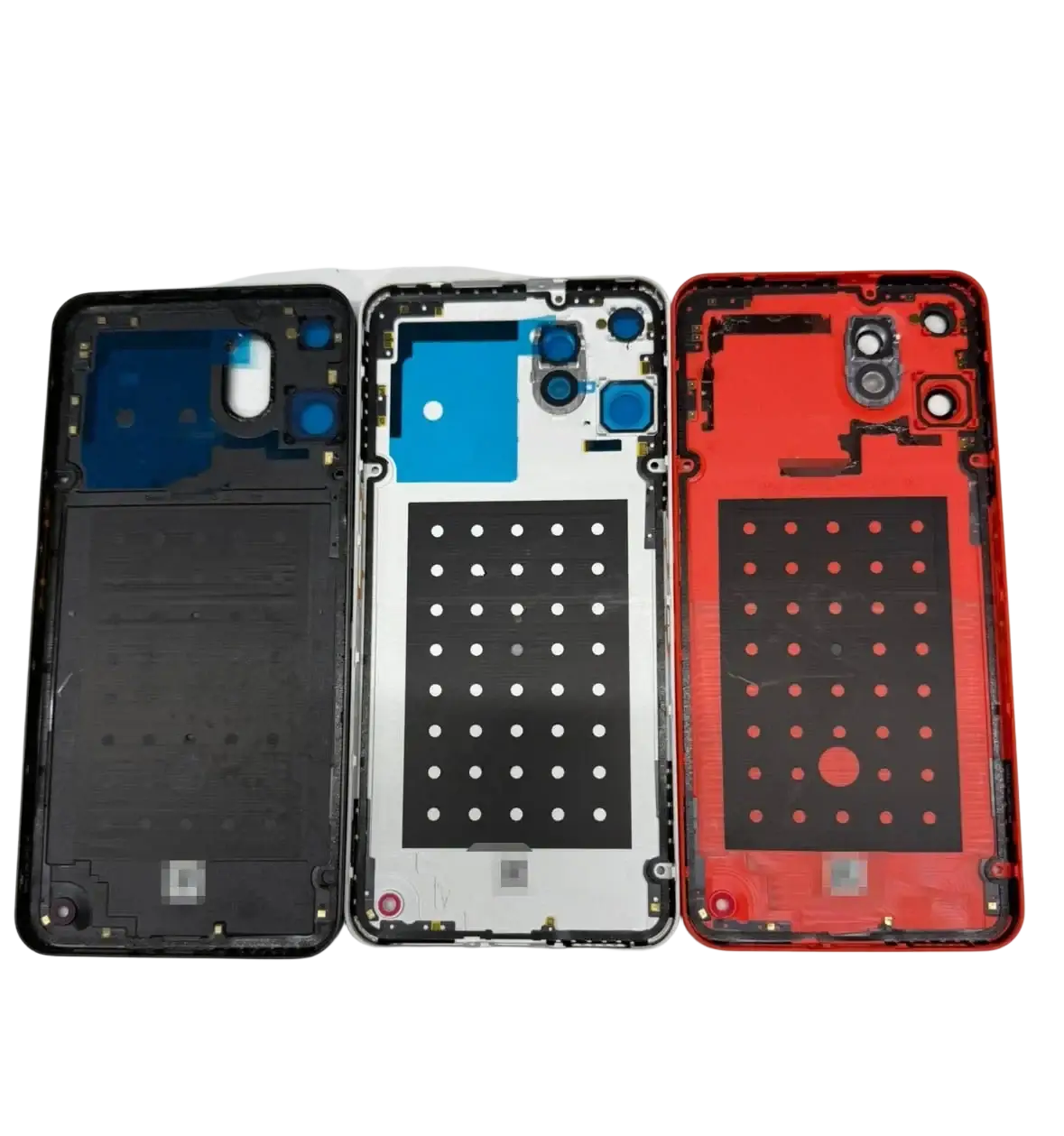 Three cmf phone cover rear case panels in black white and red showing rear case housing and camera cutouts