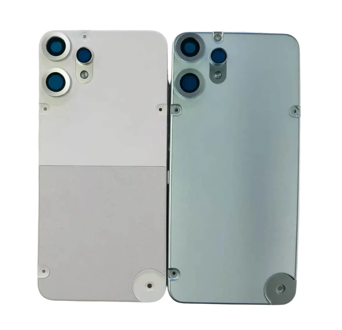 Two cmf phone 2 pro cover rear case panels in white and light blue metallic with triple circular camera lenses on back side