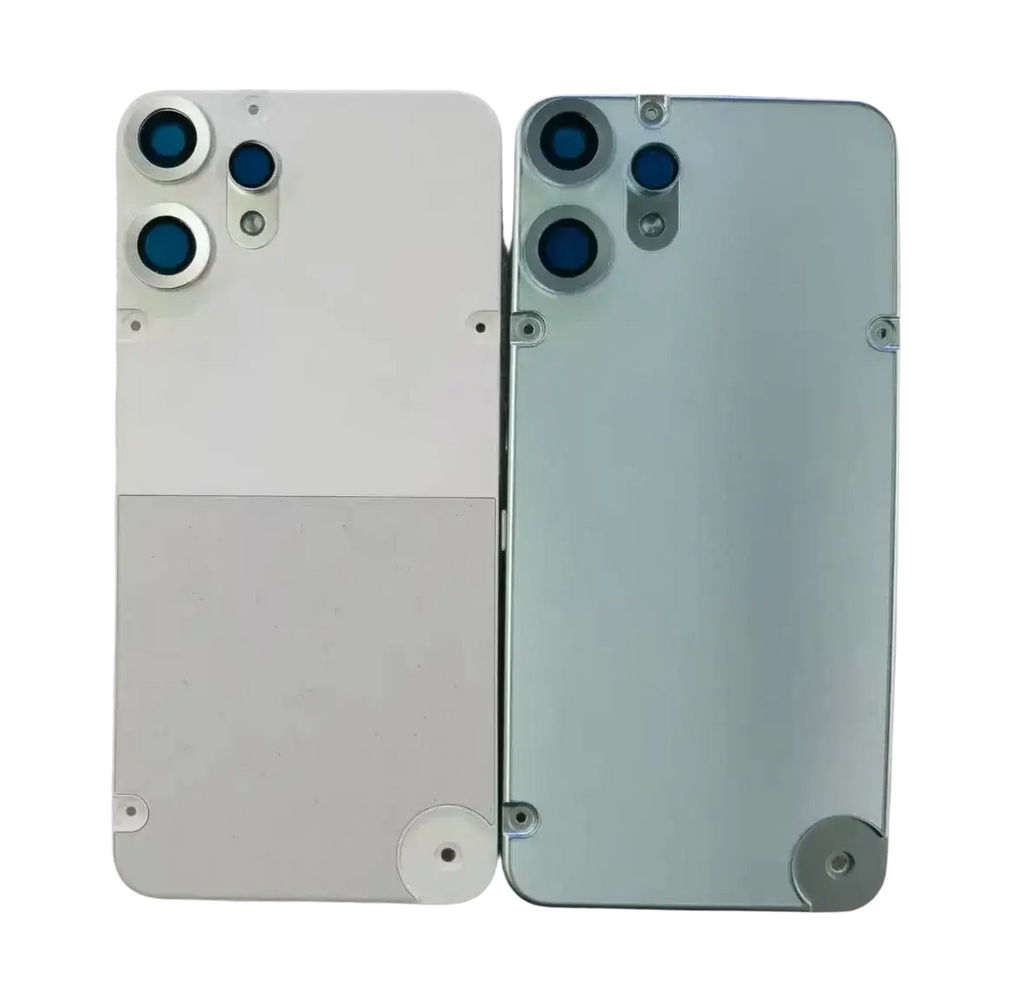 Two cmf phone 2 pro rear case housing covers in matte white and reflective silver with triple-camera rear case housing