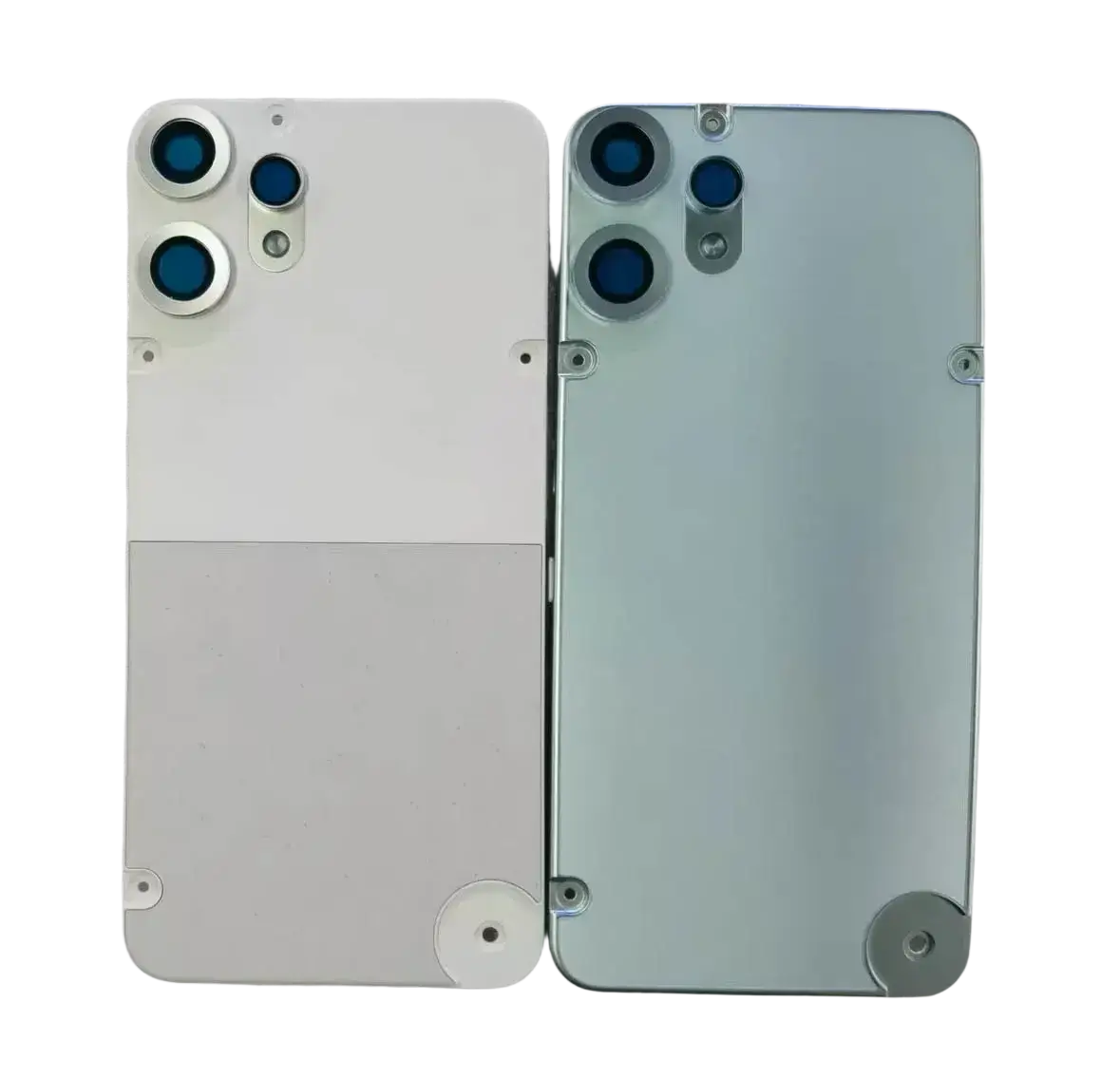 Two cmf phone 2 pro rear case housing covers in matte white and reflective silver with triple-camera rear case housing