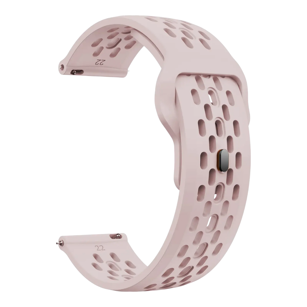 A light pink silicone cmf watch pro 2 sport strap with perforated design and metallic buckle for watch pro models
