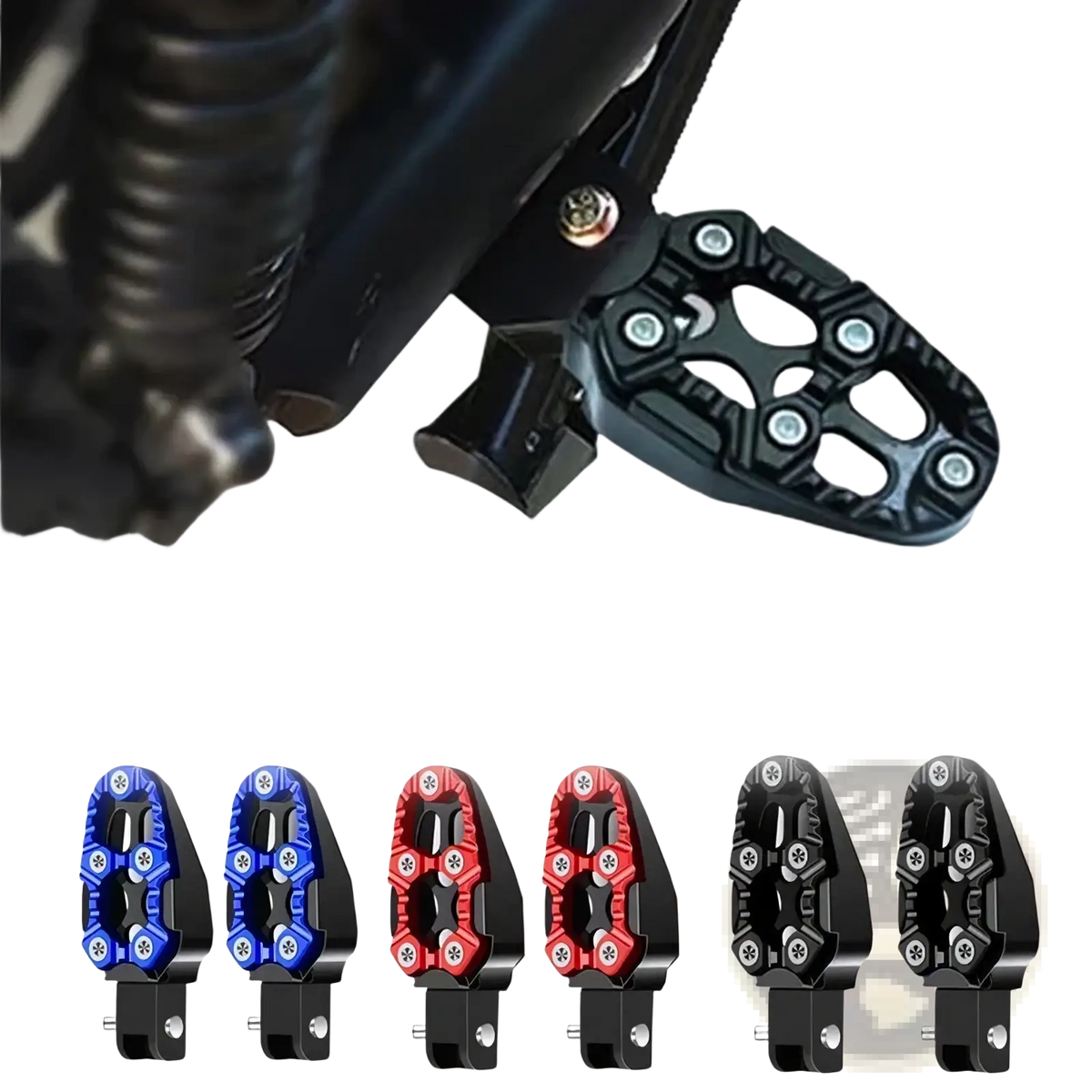 Black textured cnc aluminum motorcycle footpeg with rugged angular design and silver bolts rear anti slip pedal view