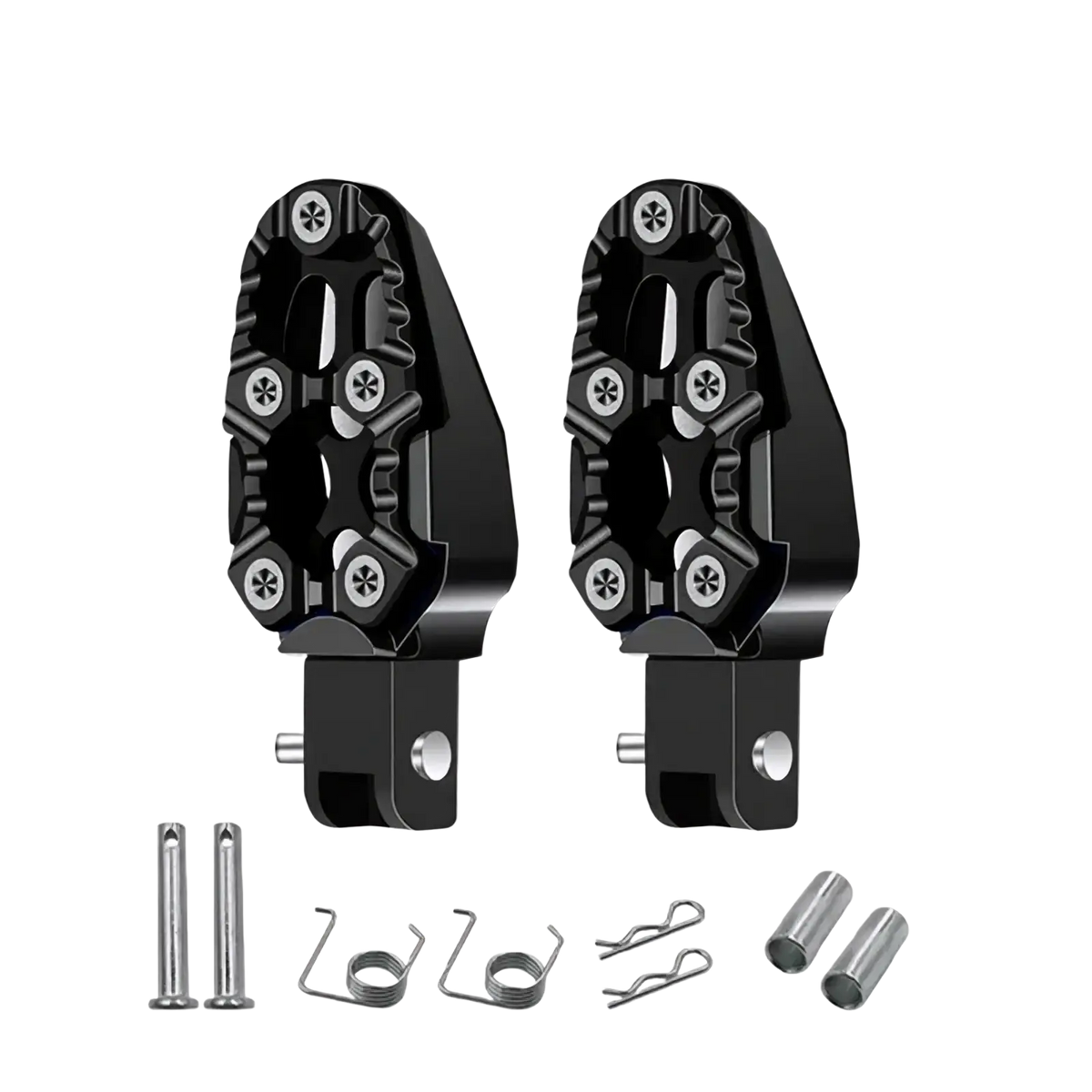 Black cnc aluminum motorcycle foot pegs rear with textured anti slip design and silver screws for enhanced grip