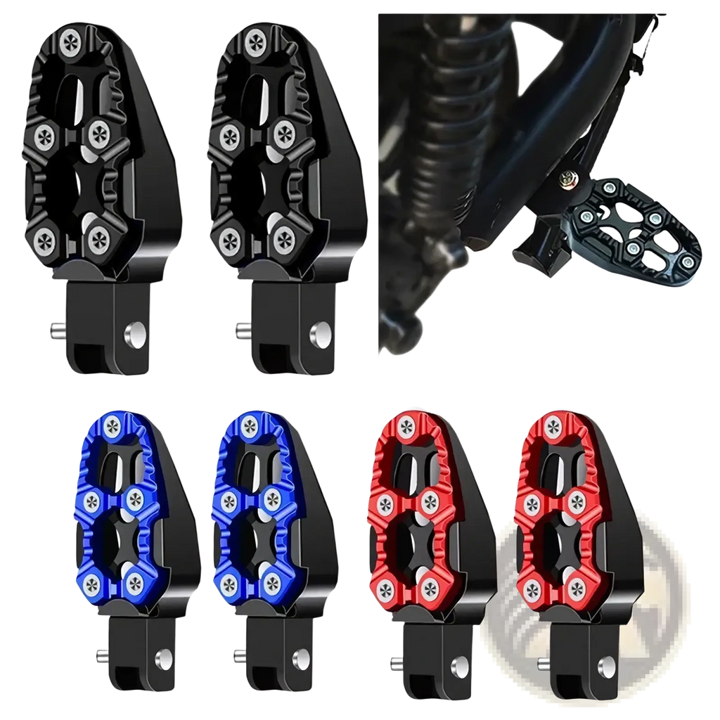 Cnc aluminum motorcycle foot pegs in black blue and red with textured grip for rear anti slip pedals