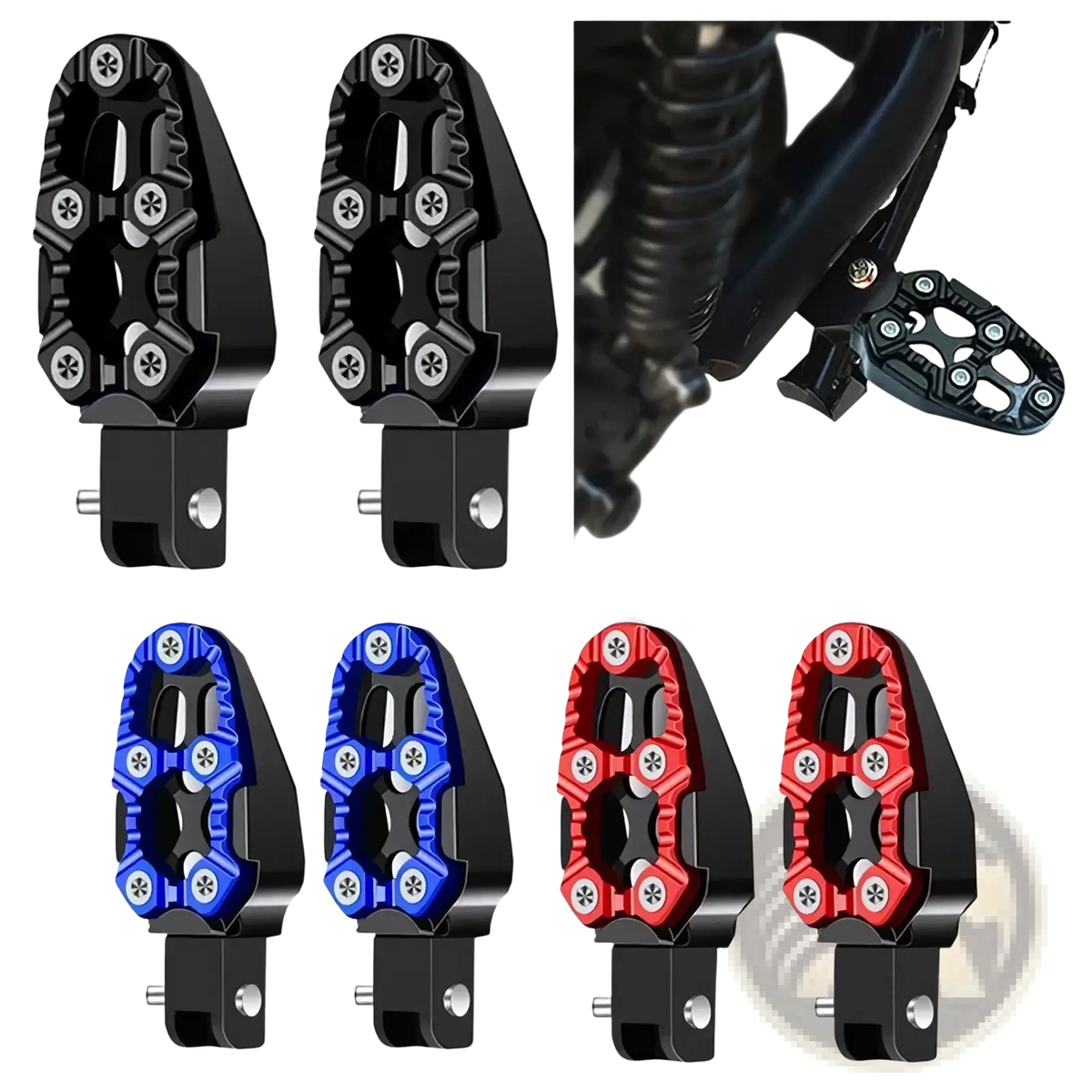 Cnc aluminum motorcycle foot pegs in black blue and red with textured grip for rear anti slip pedals