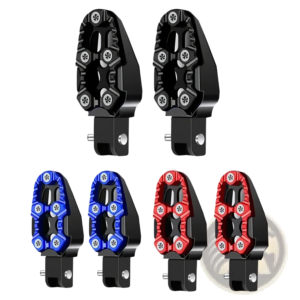 Cnc aluminum motorcycle foot pegs in black red and blue with textured anti slip grip surfaces shown from the back side