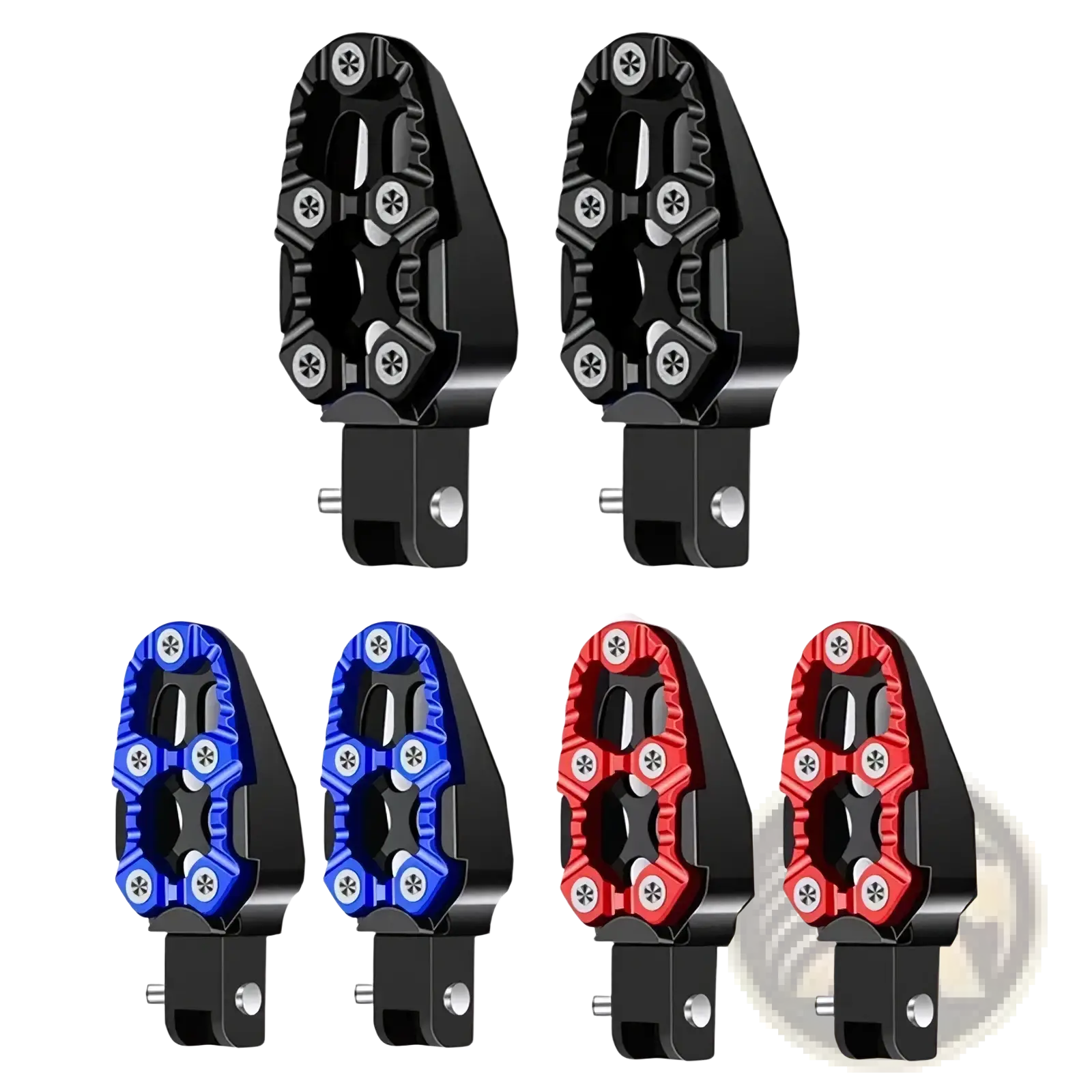 Cnc aluminum motorcycle foot pegs in black red and blue with textured anti slip grip surfaces shown from the back side