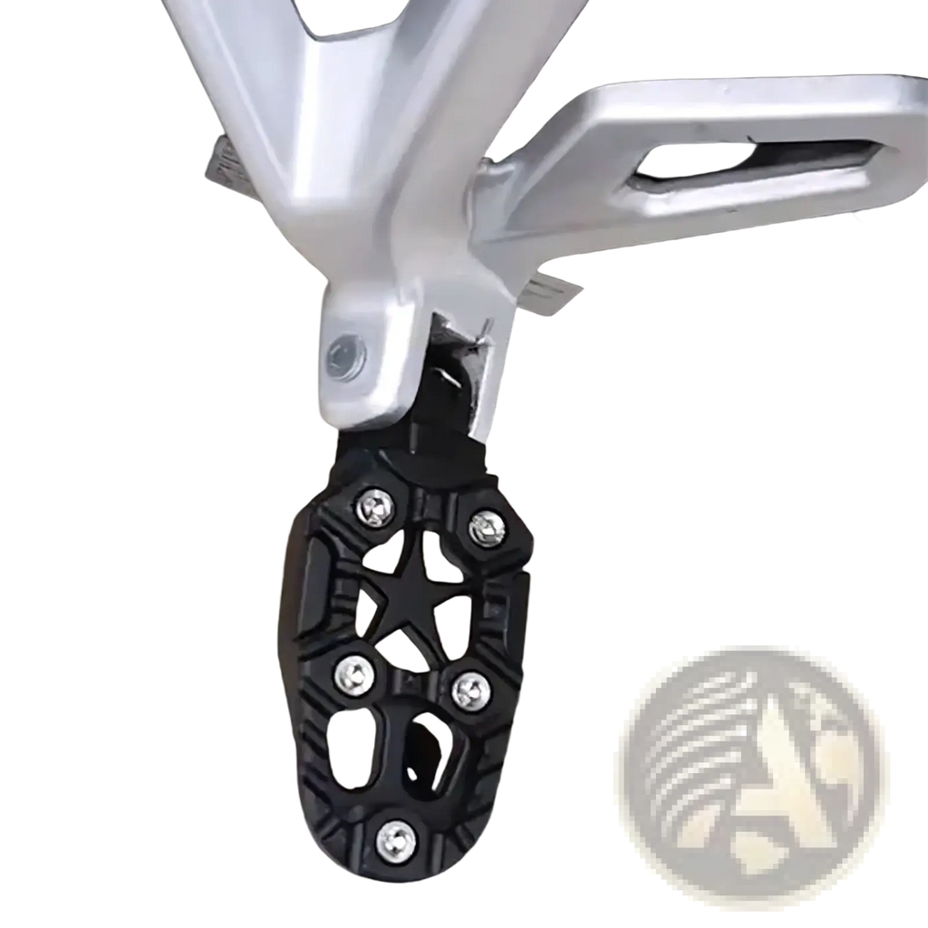 Black star-shaped cnc aluminum motorcycle footpeg with textured grip and silver bolts for rear anti slip pedals
