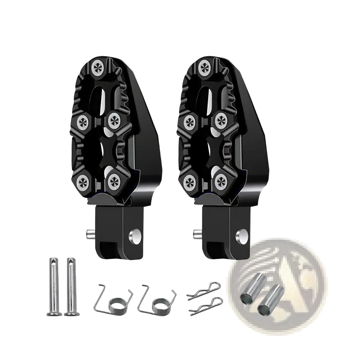 Black cnc aluminum motorcycle foot pegs rear with textured anti slip design and silver screws for enhanced grip