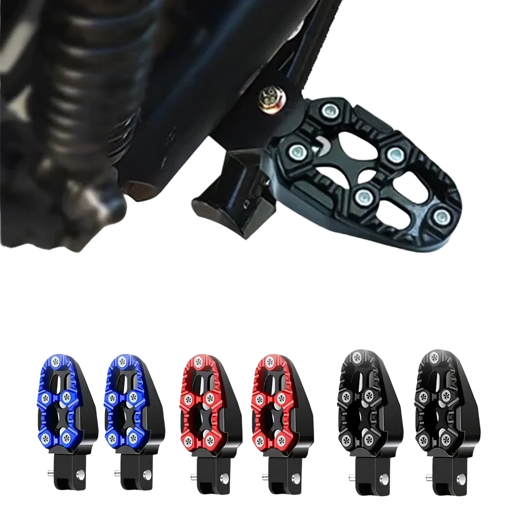 Black textured cnc aluminum motorcycle footpeg with rugged angular design and silver bolts rear anti slip pedal view