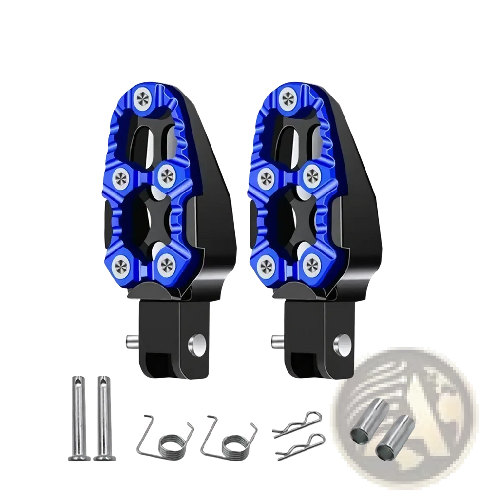 Cnc aluminum motorcycle foot pegs rear anti slip pedals in blue and black with textured star shaped pattern