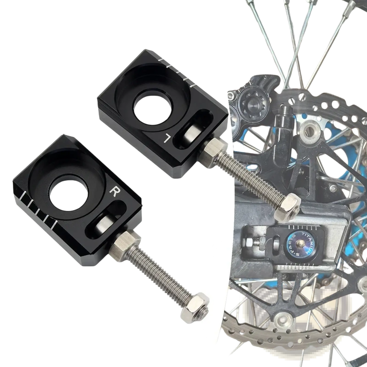 Black anodized aluminum cnc chain adjuster plates with threaded bolts and engraved l and r markings for sur ron light bee