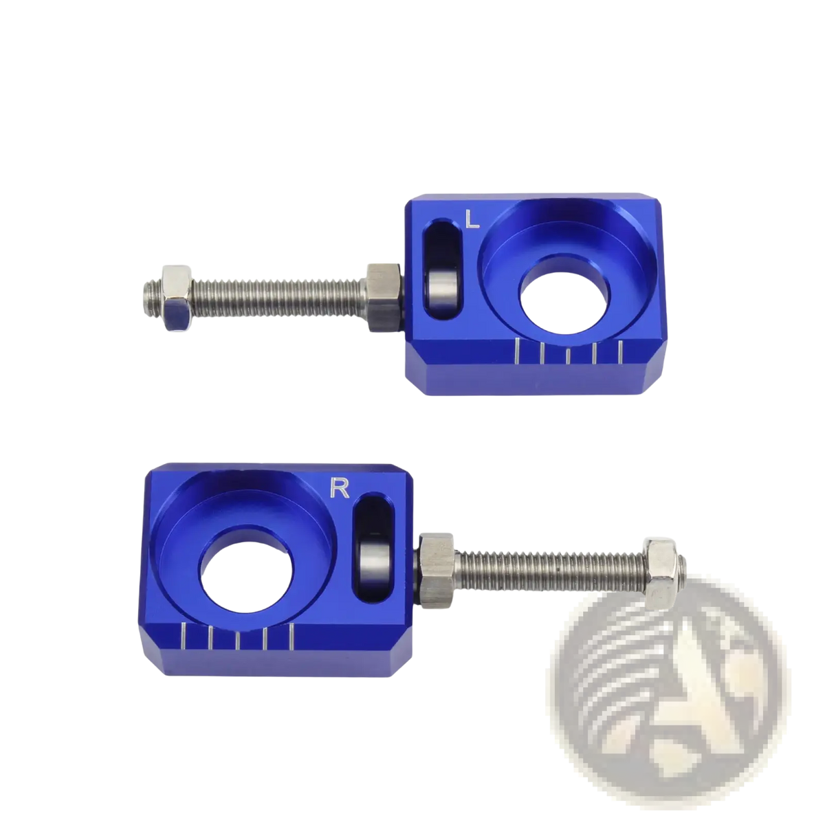 Cnc chain adjuster for sur ron light bee segway featuring blue anodized aluminum tensioners with threaded bolts labeled l and r