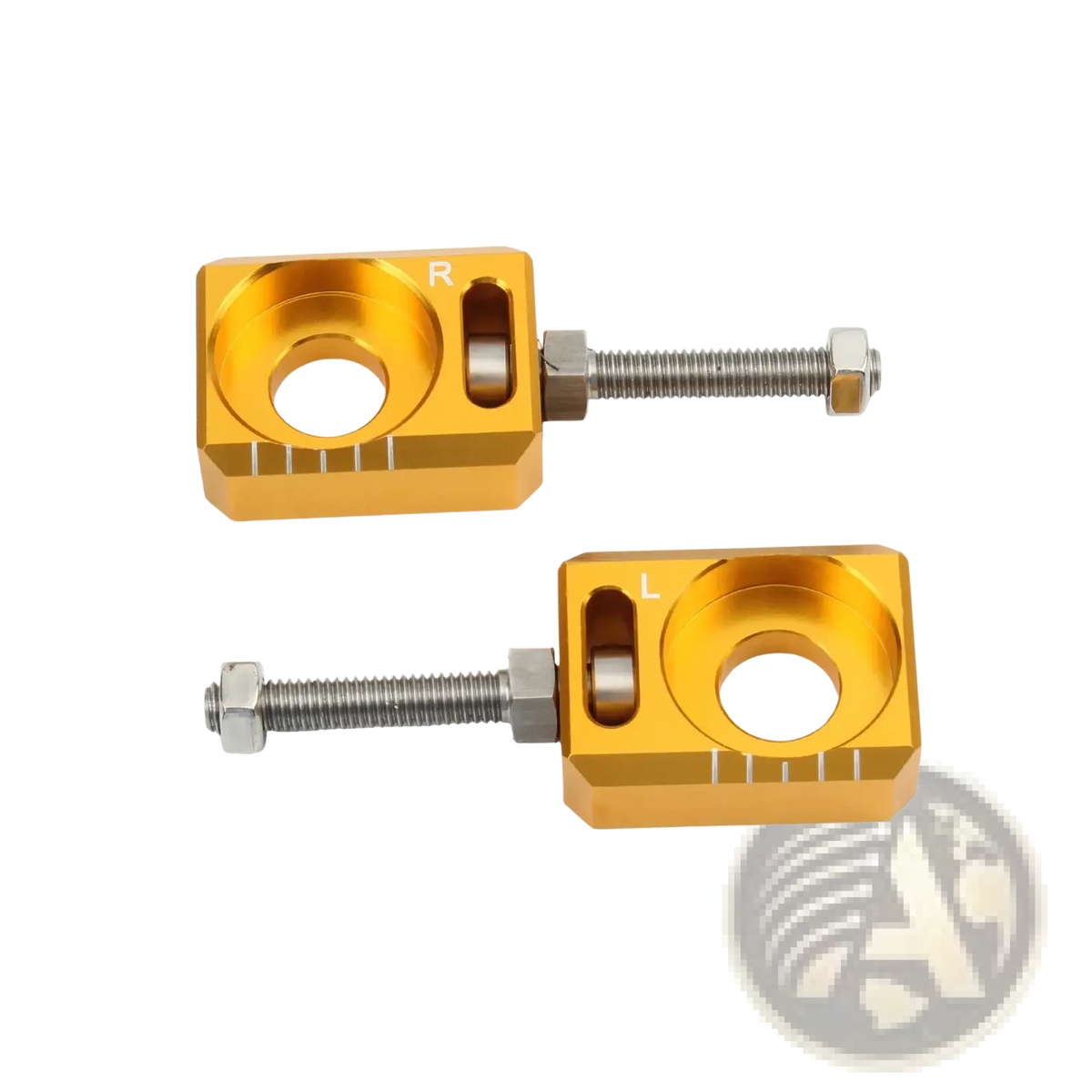 Gold-colored aluminum cnc chain adjuster with threaded rods and hex nuts for sur ron light bee segway marked r and l