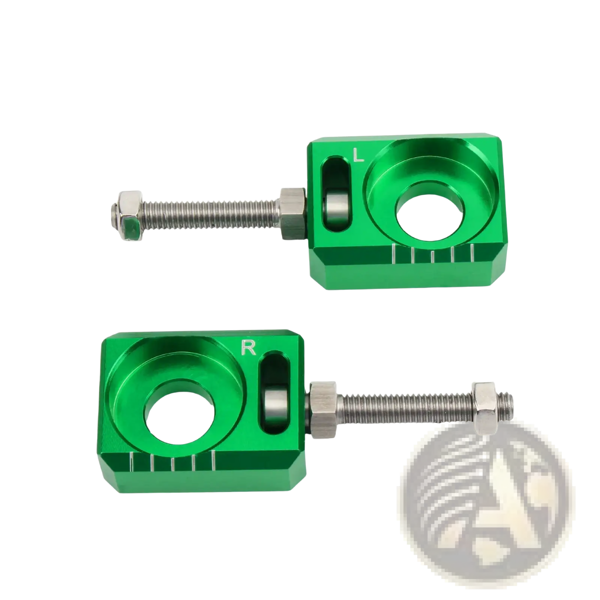 Cnc green anodized aluminum motorcycle chain guide clamps marked l and r for Sur Ron Light Bee Segway chain adjuster