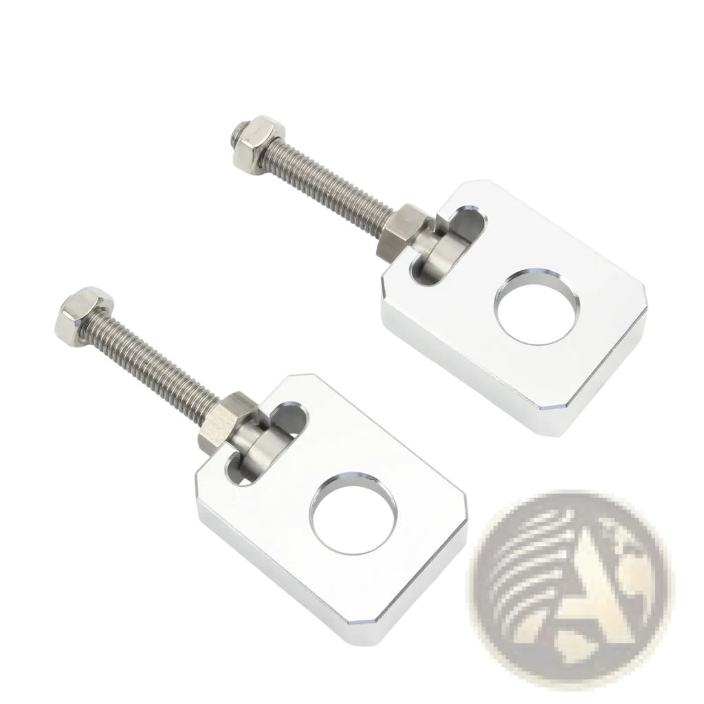 Silver metallic cnc chain adjuster clamp assemblies with threaded bolts and hexagonal nuts for sur ron light bee segway