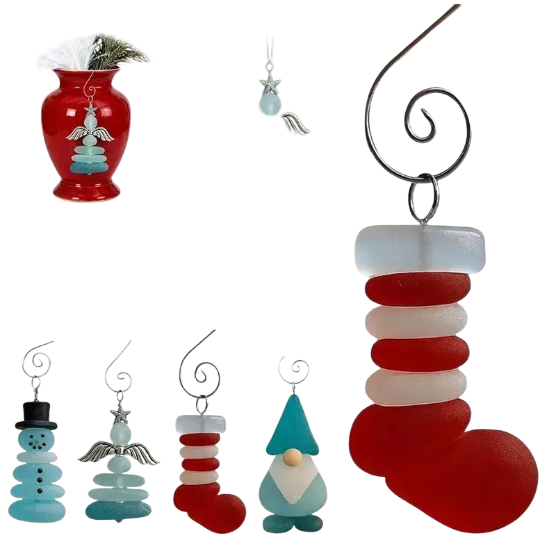 A festive red and white sea glass christmas ornament stocking with a silver hook for christmas coastal tree decor