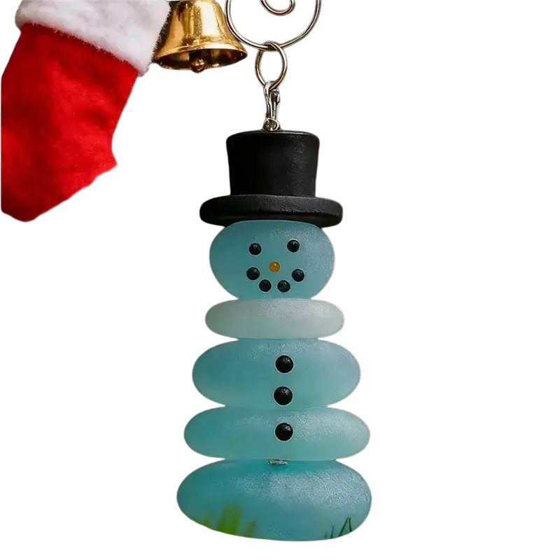 Light blue sea glass snowman christmas ornament with black hat and button eyes for coastal christmas tree decor