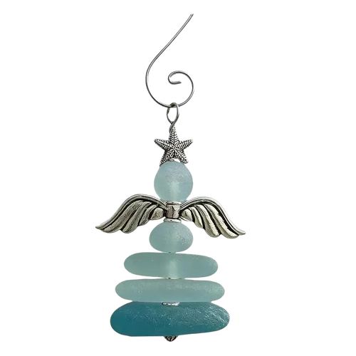 Silver angel christmas ornament with layered sea glass beads and starfish accent for christmas coastal tree decor