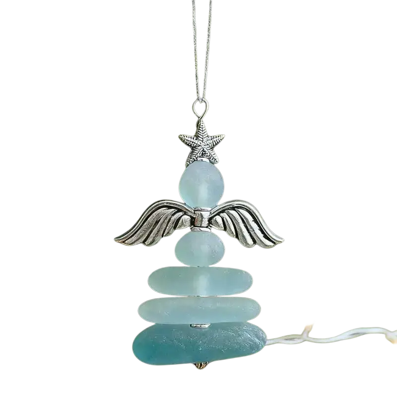 Silver-toned angel christmas ornament with layered translucent sea glass beads and detailed wings for coastal christmas tree decor