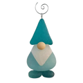 Teal sea glass christmas coastal ornament with white triangular beard and wooden nose hanging on silver spiral hook