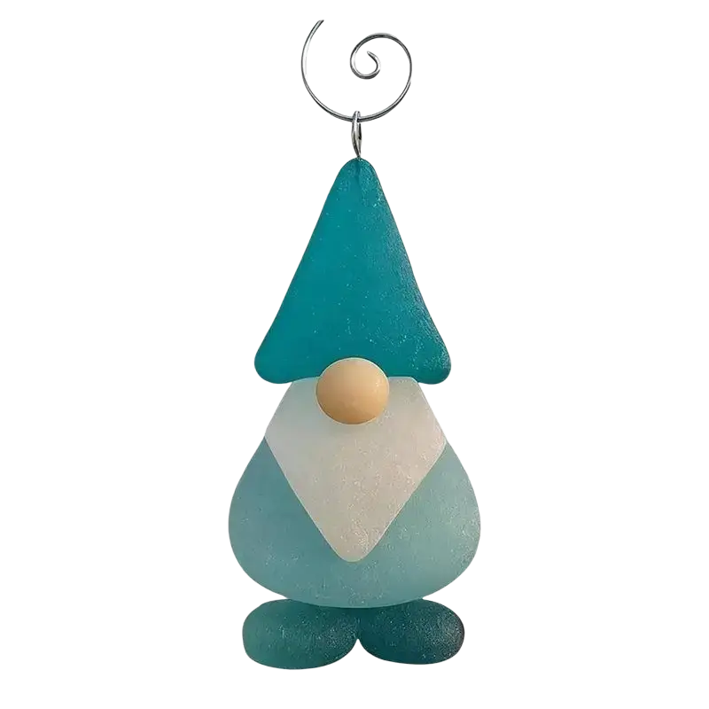 Teal sea glass christmas coastal ornament with white triangular beard and wooden nose hanging on silver spiral hook