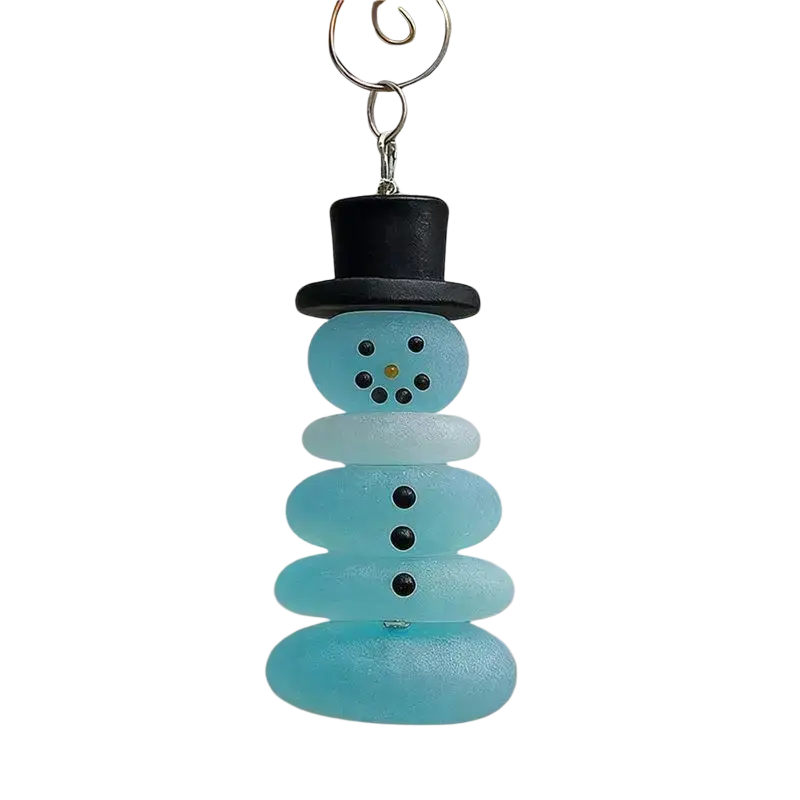 A turquoise sea glass snowman christmas ornament with black top hat and button eyes for coastal christmas tree decor