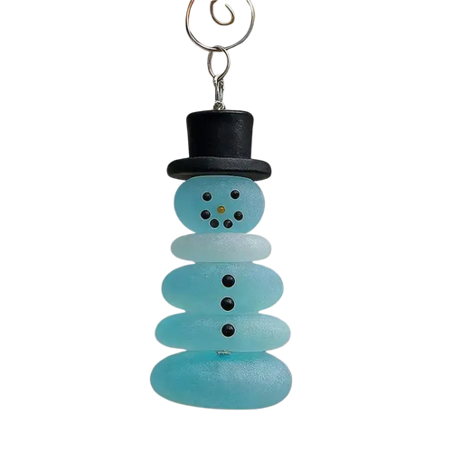 A turquoise sea glass snowman christmas ornament with black top hat and button eyes for coastal christmas tree decor