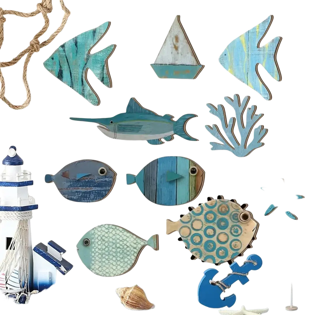 Coastal style art wooden ocean wall decor featuring blue and teal wooden fish with painted stripes and textured finishes