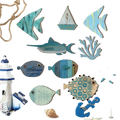 Coastal style art wooden ocean wall decor featuring blue and teal wooden fish with painted stripes and textured finishes
