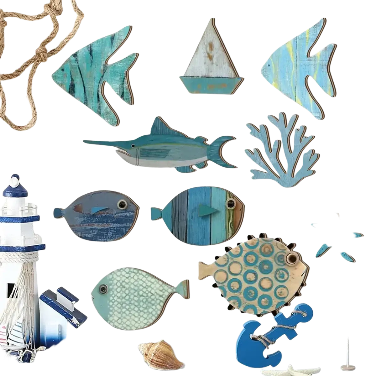 Coastal style art wooden ocean wall decor featuring blue and teal wooden fish with painted stripes and textured finishes