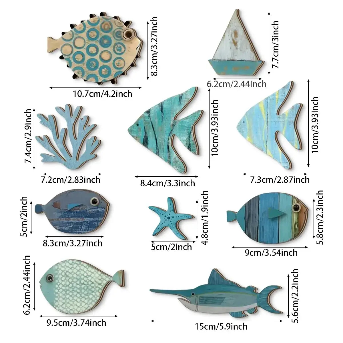 A collection of rustic hand-painted wooden coastal style art featuring fish sailboat coral and starfish in blue teal and white